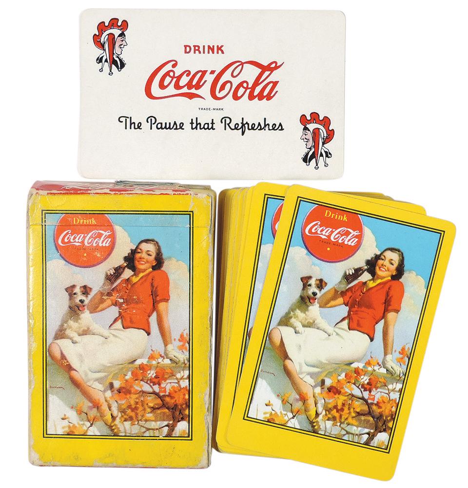 Coca-Cola Playing Card Deck, c.1943 Girl w/Dog, full deck in Exc cond, box Good+ cond w/smaller pc (1 of 2)