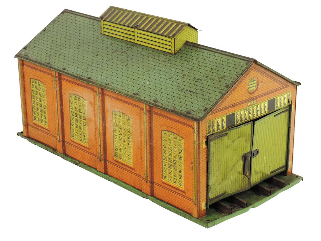 Toy Train Engine Shed, O ga, mfgd by Hornby, Mod. 2A, litho on tin, Good+ cond, 19.5"L. (1 of 2)