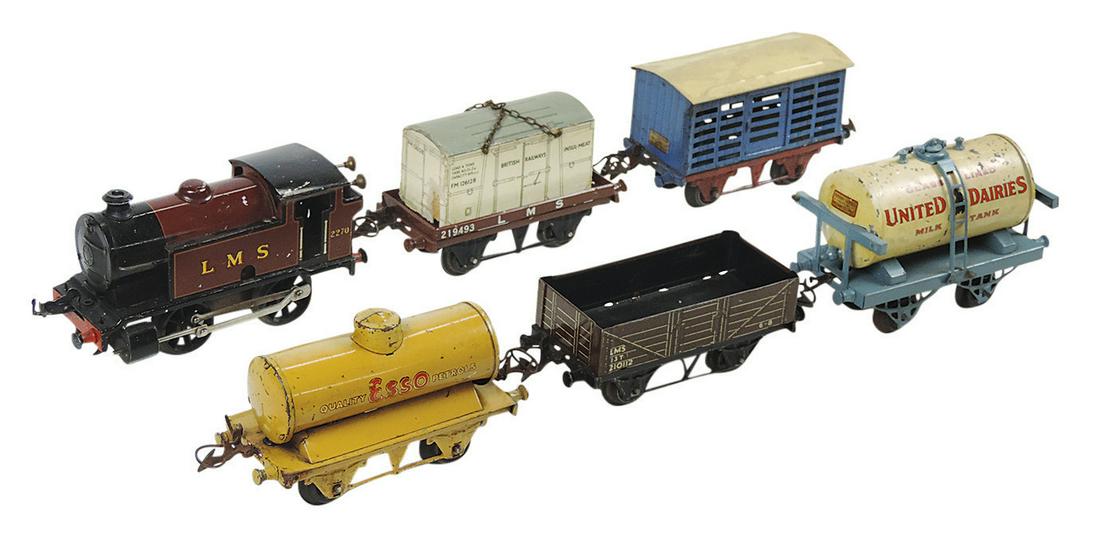 Toy Freight Train (6 pcs), mfgd by Hornby, w/2270 loco, dairy & petrol tankers, gondola & flat car, (1 of 1)