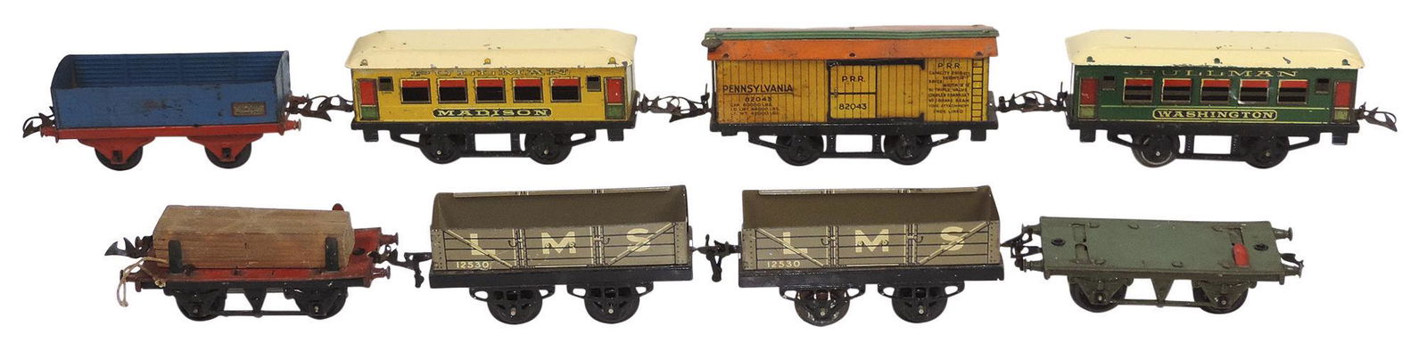 Toy Train Cars (8), English, mfgd by Hornby, 2 Pullmans, gondolas & others, litho on tin, Good+ or (1 of 1)