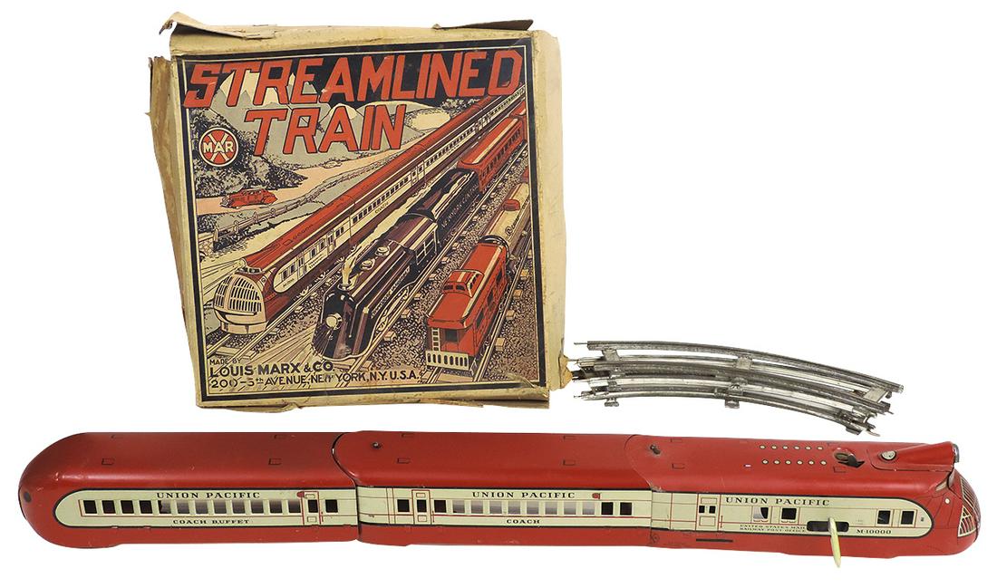 Toy Streamlined Boxed Train Set, Marx, UP loco & 2 cars, litho on tin windup, Exc working con: Toy Streamlined Boxed Train Set, Marx, UP loco & 2 cars, litho on tin windup, Exc working cond in Fair cond box, 11"Sq.