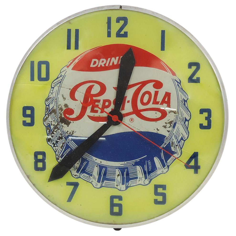 Soda Fountain Clock, Pepsi Cola, mfgd by Pam, Fair cond w/back glass cracked & no cord, 15"Dia.: Soda Fountain Clock, Pepsi Cola, mfgd by Pam, Fair cond w/back glass cracked & no cord, 15"Dia.