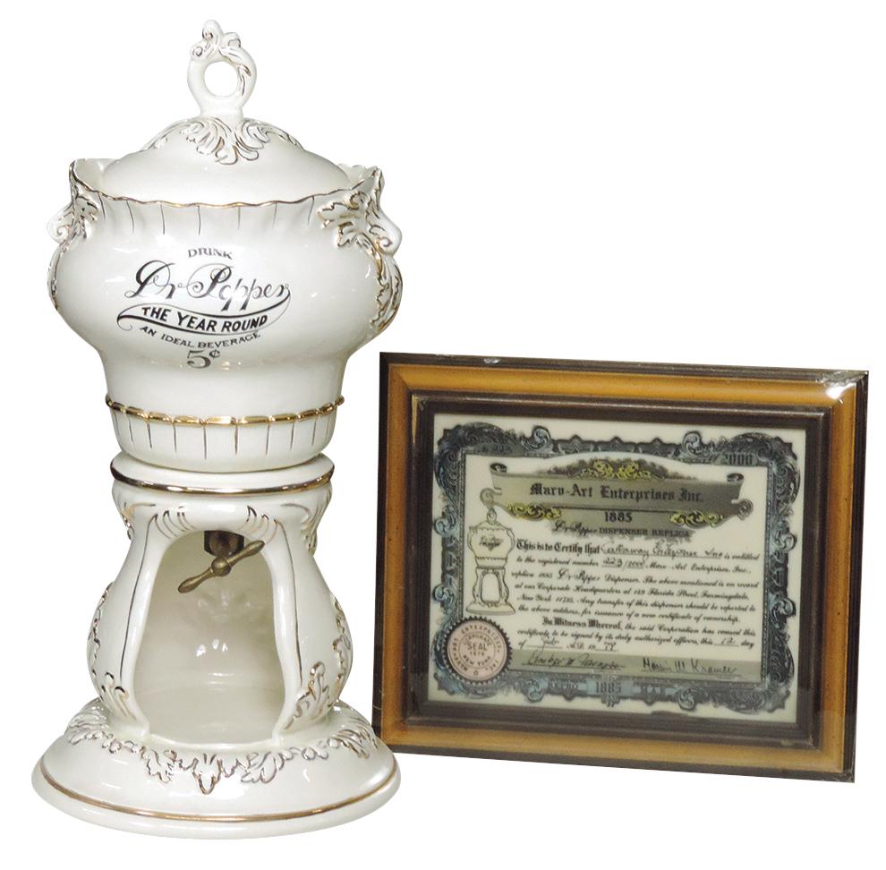 Soda Fountain Dr. Pepper Urn Dispenser, 3-pc ceramic, mfgd by Marv-Art 1978, after the 1885 (1 of 2)