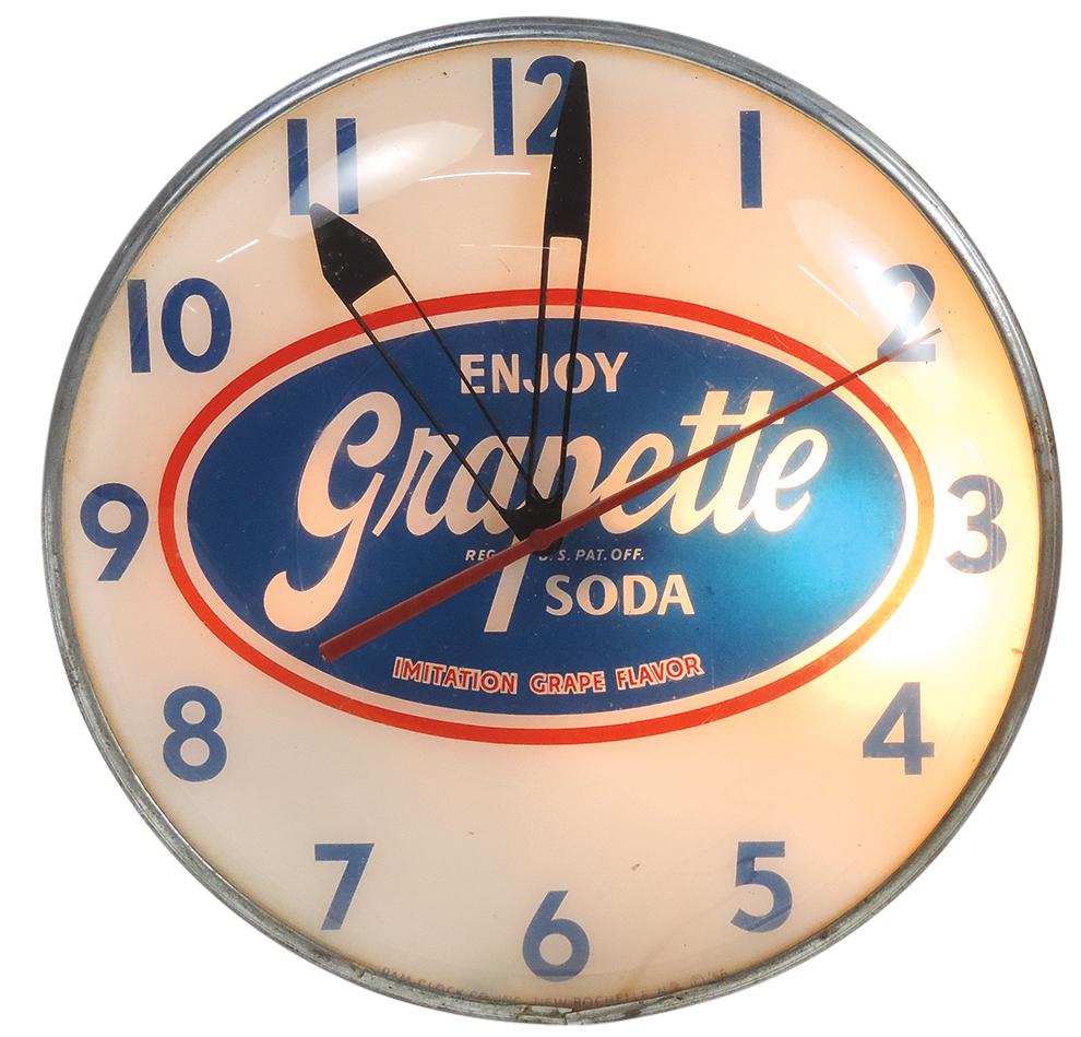 Soda Fountain Clock, Grapette, Pam Clock Co., lighted bubble glass w/reverse-painted glass face, VG (1 of 1)