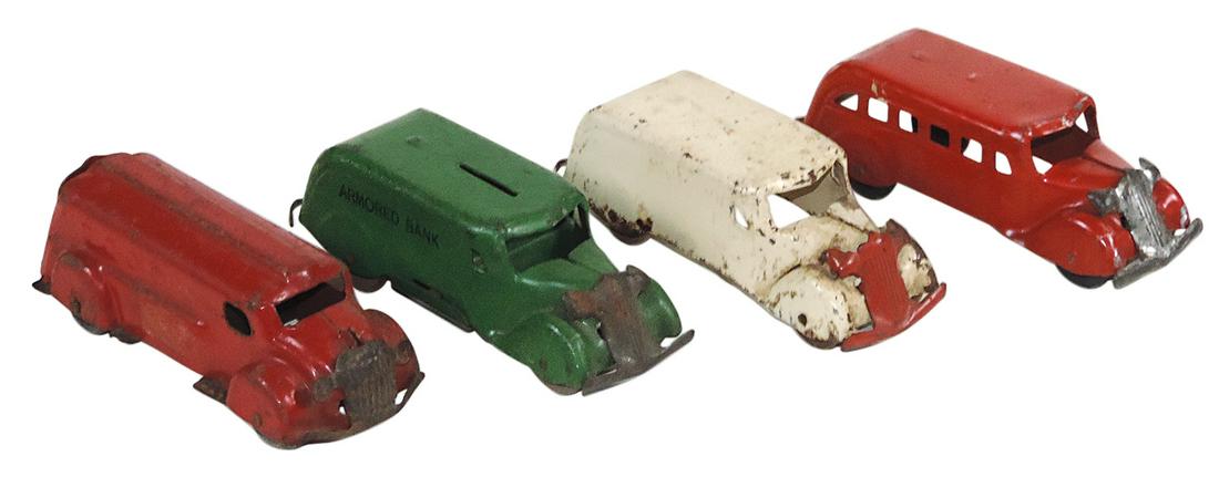 Toy Early Vehicles (4), Marx bus, tanker, milk truck & armored bank, pressed steel, Good+ or better (1 of 1)