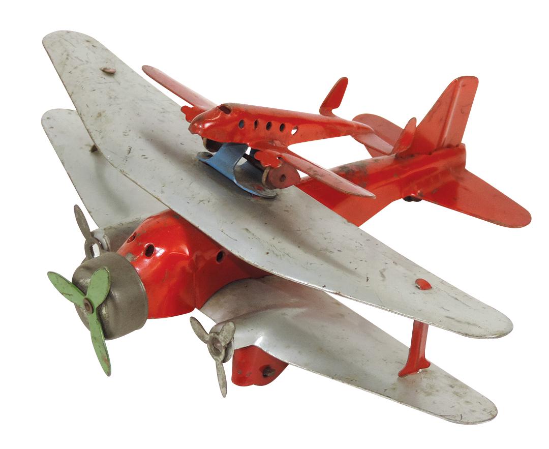 Toy Piggy-Back Airplane in red/silver, mfgd by Marx, pressed steel, VG+ cond, 9.5" wingspan. (1 of 1)