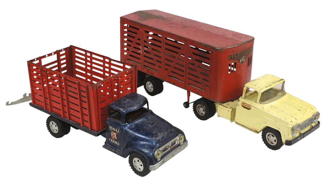 Toy Stock Trucks (2), mfgd by Tonka, 1950s Tonka Farms straight truck & 1960s truck w/trailer, (1 of 1)