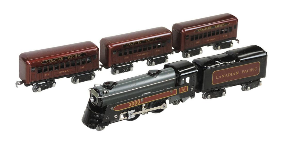Toy Electric Passenger Train Set (5), Marx Canadian Pacific w/3000 loco, litho on tin, VG+ untested (1 of 2)