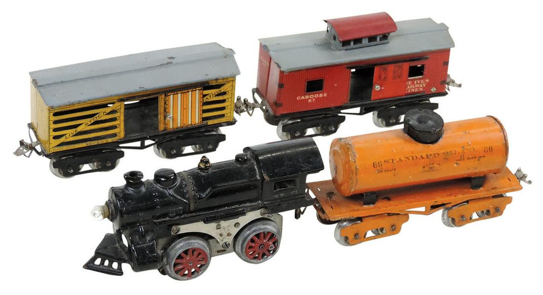 Toy Electric Train (4), Ives O ga #111 loco, cast iron, w/Standard oil tank car, livestock car & (1 of 1)
