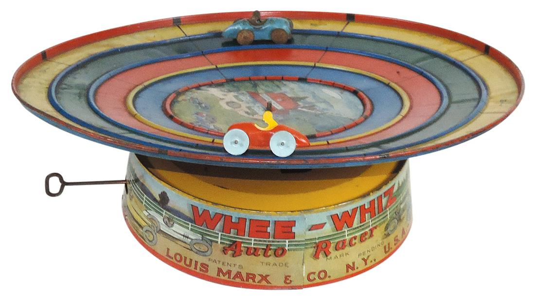 Toy "Whee-Whiz", mfgd by Marx w/cars on tilting platform, litho on tin windup, 2 cars absent, o/wise (1 of 2)