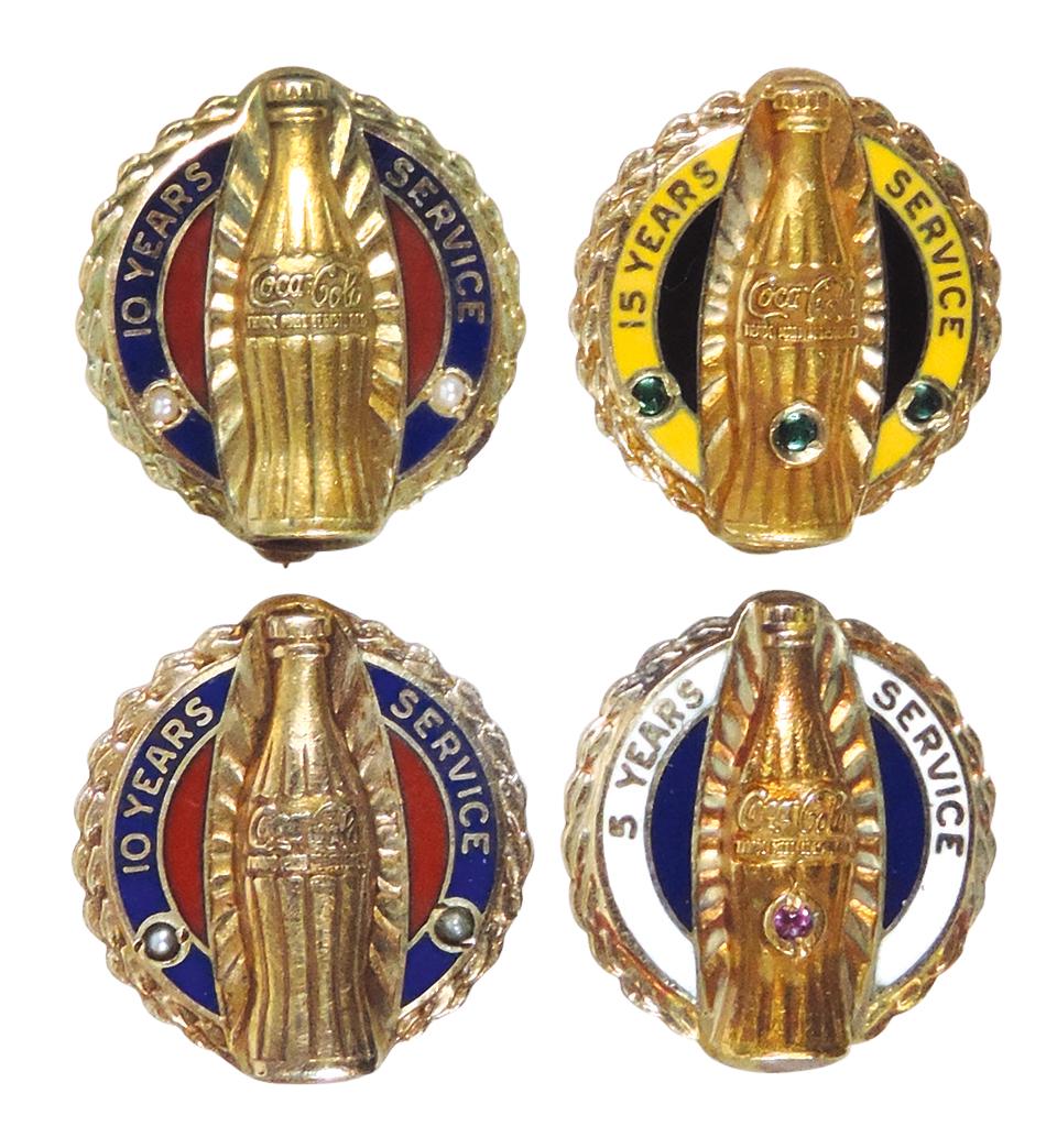 Coca-Cola Service Pins (4), one 5 year w/one stone, (2) 10 year w/2 stones & (1) 15 year w/3 stones, (1 of 1)