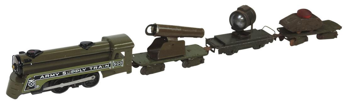 Toy Electric Army Supply Train (4 pcs), mfgd by Marx, w/restored 500 loco, tank (untested), (1 of 2)