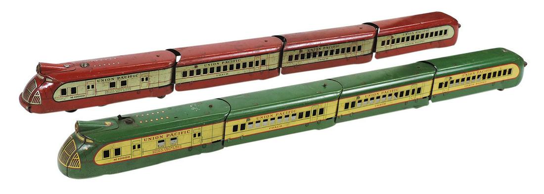 Toy Electric Passenger Train Sets (2), mfgd by Marx, ea w/M-10000 loco & 3 cars, 1 set green, one (1 of 2)