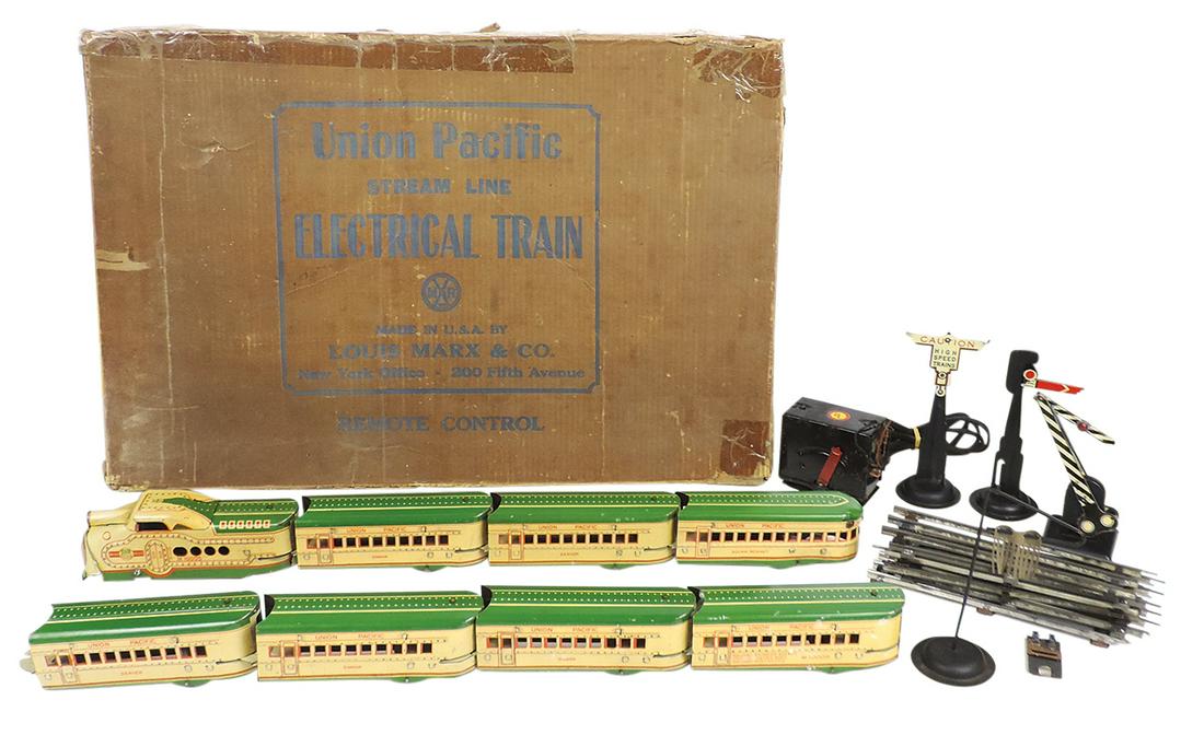 Toy Union Pacific Boxed Electric Train Set, Marx loco & 7 pass cars plus transformer, 4 signals & (1 of 2)