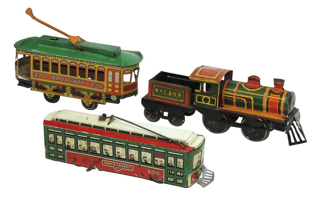 Toy Engine & Trolleys (3), battery-lighted windup w/bell by Marx, 270 Broadway by Chein & German (1 of 1)