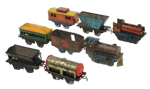 Toy Joy Line Train Set (8 pcs), mfgd by Girard Model Works, litho on tin windup, various cond Fair: Toy Joy Line Train Set (8 pcs), mfgd by Girard Model Works, litho on tin windup, various cond Fair to Good, largest 6"L.