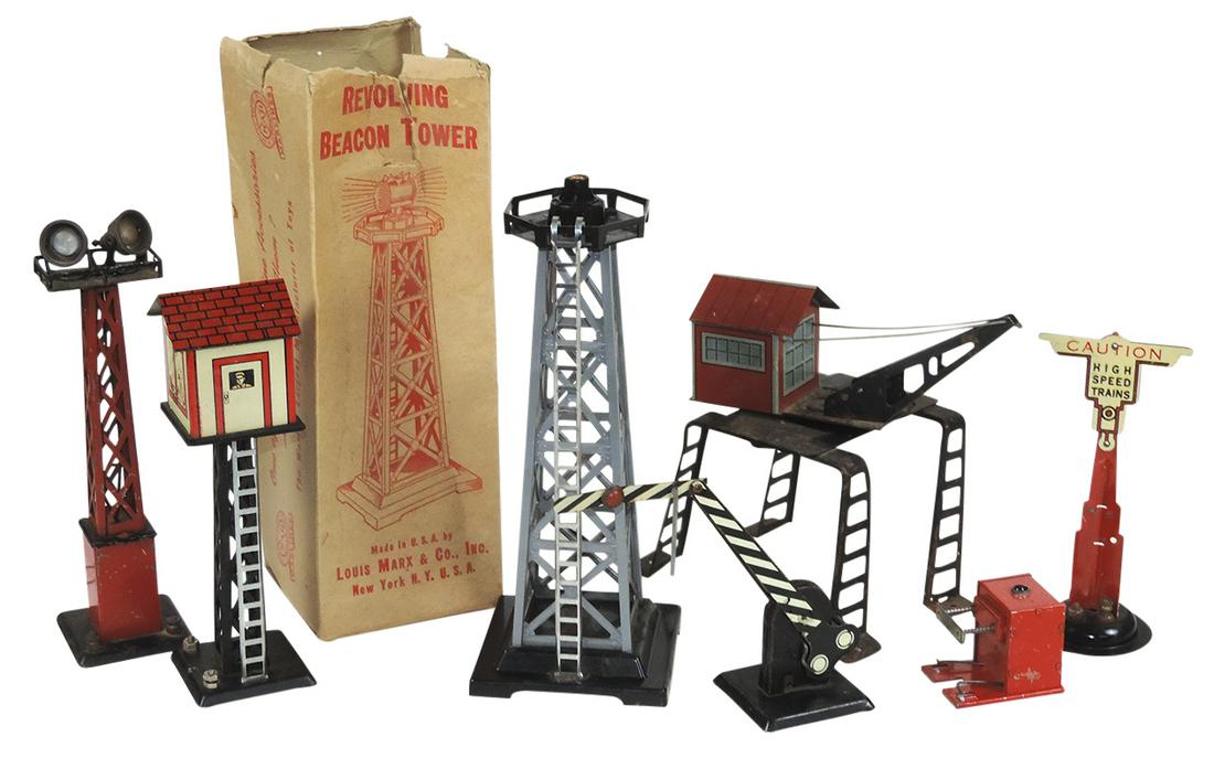 Toy Electric Train Accessories (7), revolving beacon tower in box, elevated crane, control tower & (1 of 1)