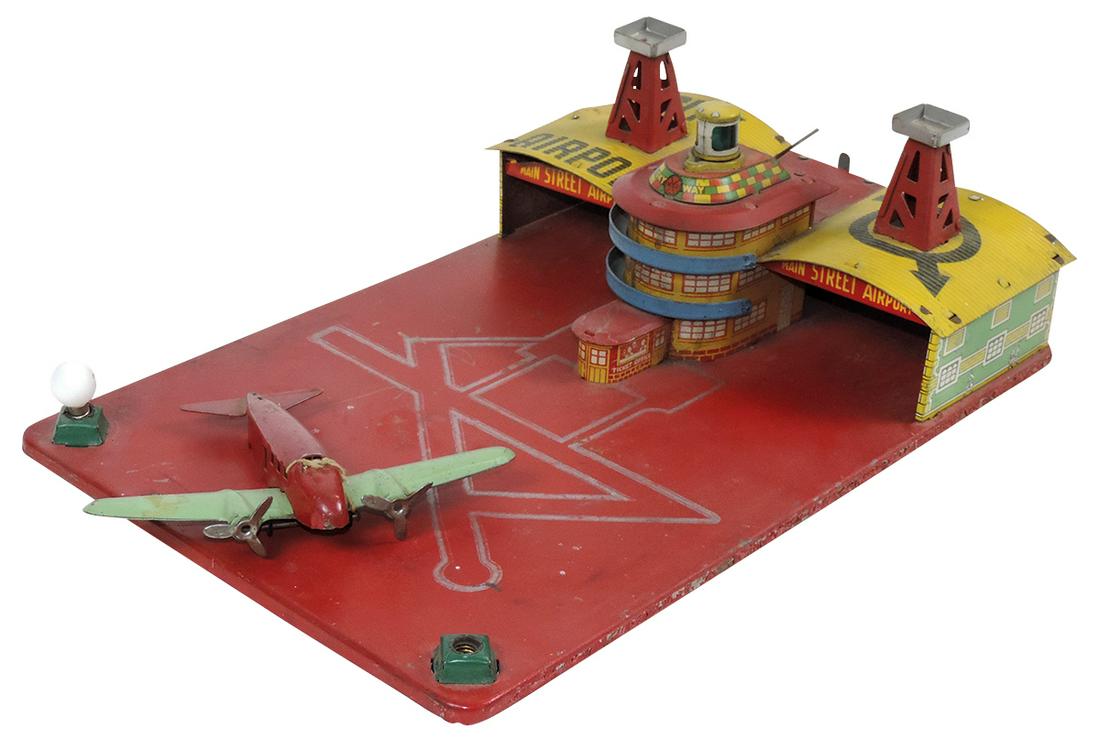 Toy Main Street Airport, Marx City Airport, w/airplane & lights, litho on tin, Good+ untested cond, (1 of 2)
