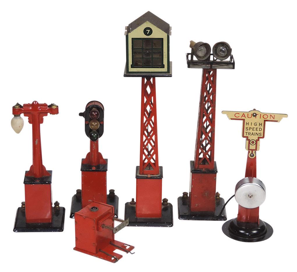 Toy Railroad Accessories (6), mfgd by Marx, incl radio tower (roof absent), light tower, switch & (1 of 1)
