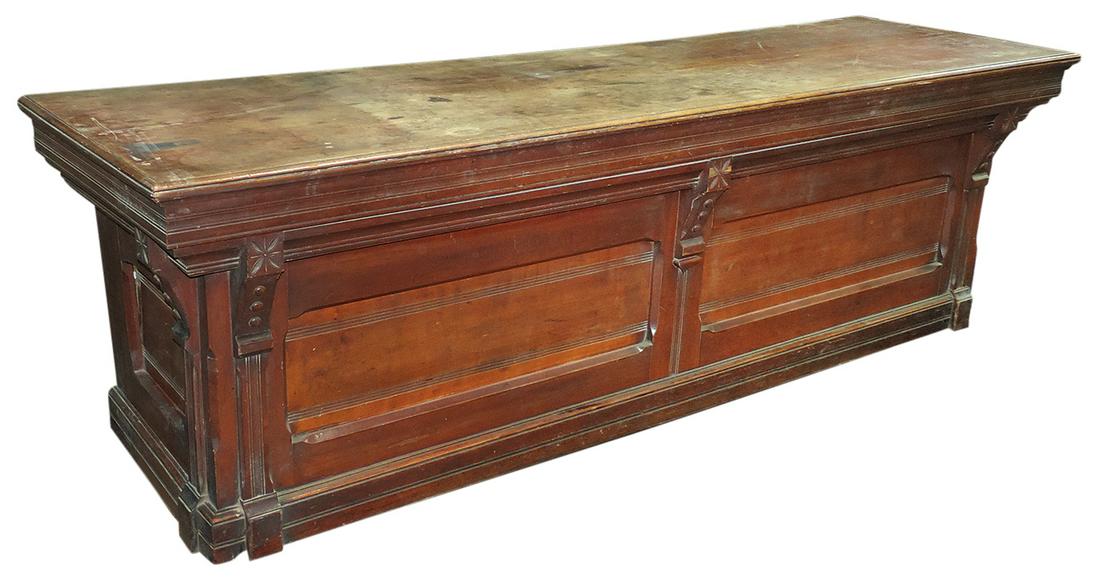 Country Store Clerks Counter, 19th C., walnut w/beaded recessed panels, corbels w/carved rosettes & (1 of 2)