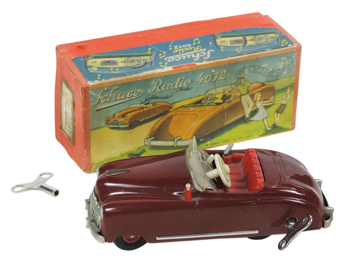 Toy Windup Car, die-cast Radio 4012, mfgd by Schuco in US Zone Germany w/music box, Good+ working (1 of 2)