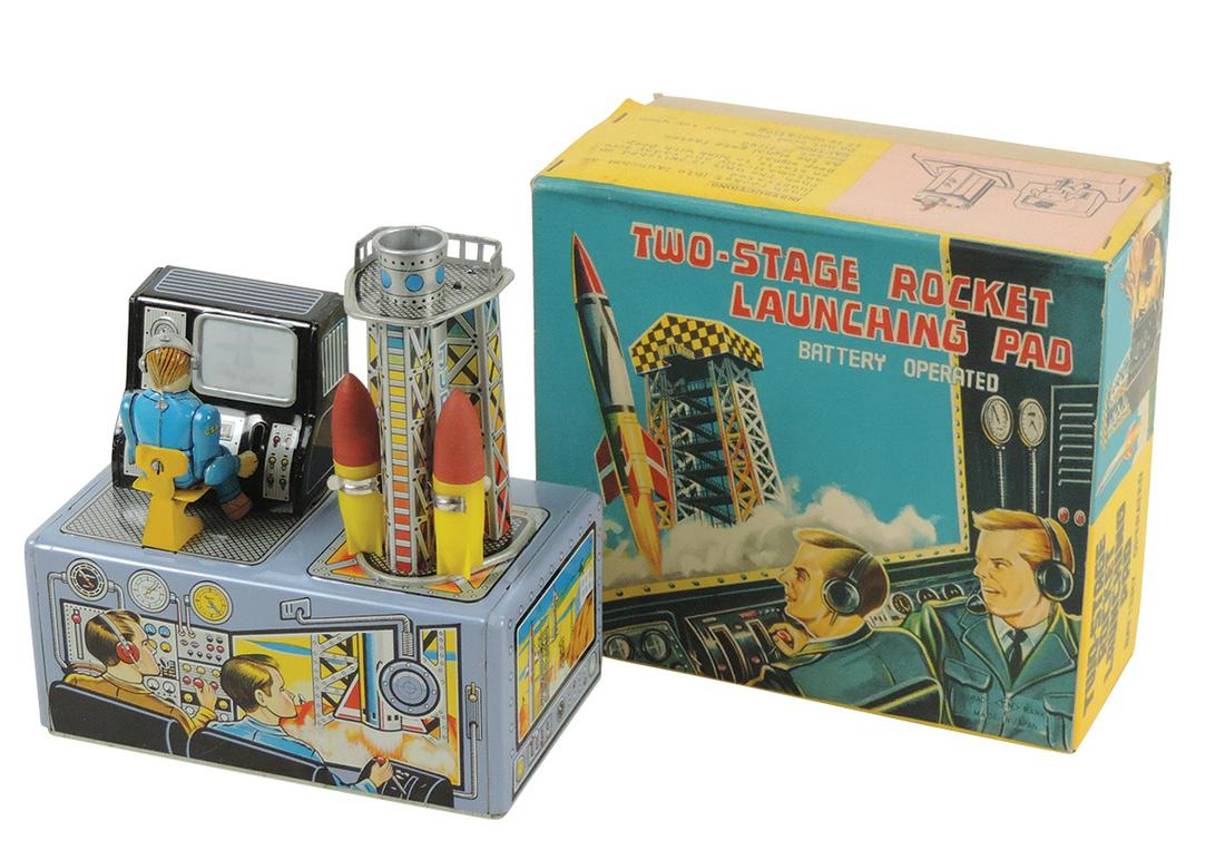 Toy, Rocket Launching Pad w/box, mfgd by TN Japan, B-O, litho on tin, MIB w/jammed mechanism, 8"L. (1 of 1)