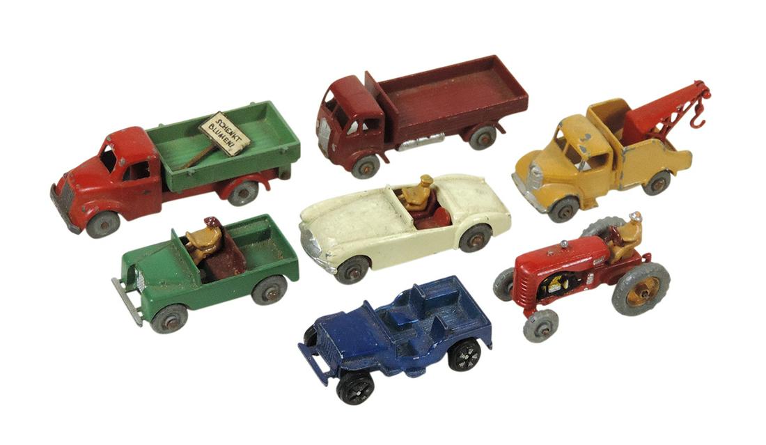Toys (7), Lesney die-cast miniature cars incl roadster, Jeeps, tractor & other vehicles, VG to Exc: Toys (7), Lesney die-cast miniature cars incl roadster, Jeeps, tractor & other vehicles, VG to Exc cond, largest 2.5"L.