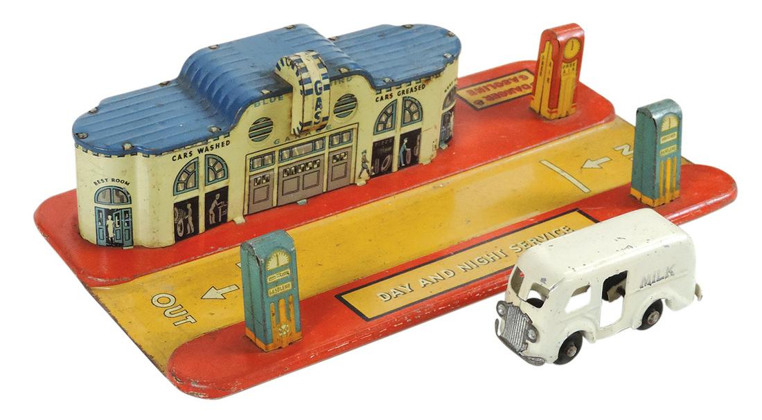 Toy Day & Night Service Station, mfgd by Marx w/pressed steel Marx milk truck, litho on tin, VG: Toy Day & Night Service Station, mfgd by Marx w/pressed steel Marx milk truck, litho on tin, VG cond, largest 12.5"L.