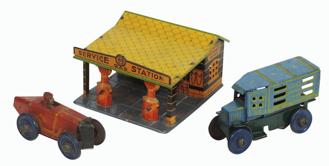 Toy Friction Automobiles & Service Station (3), Marx gas station, Trucking Co van (back doors (1 of 1)