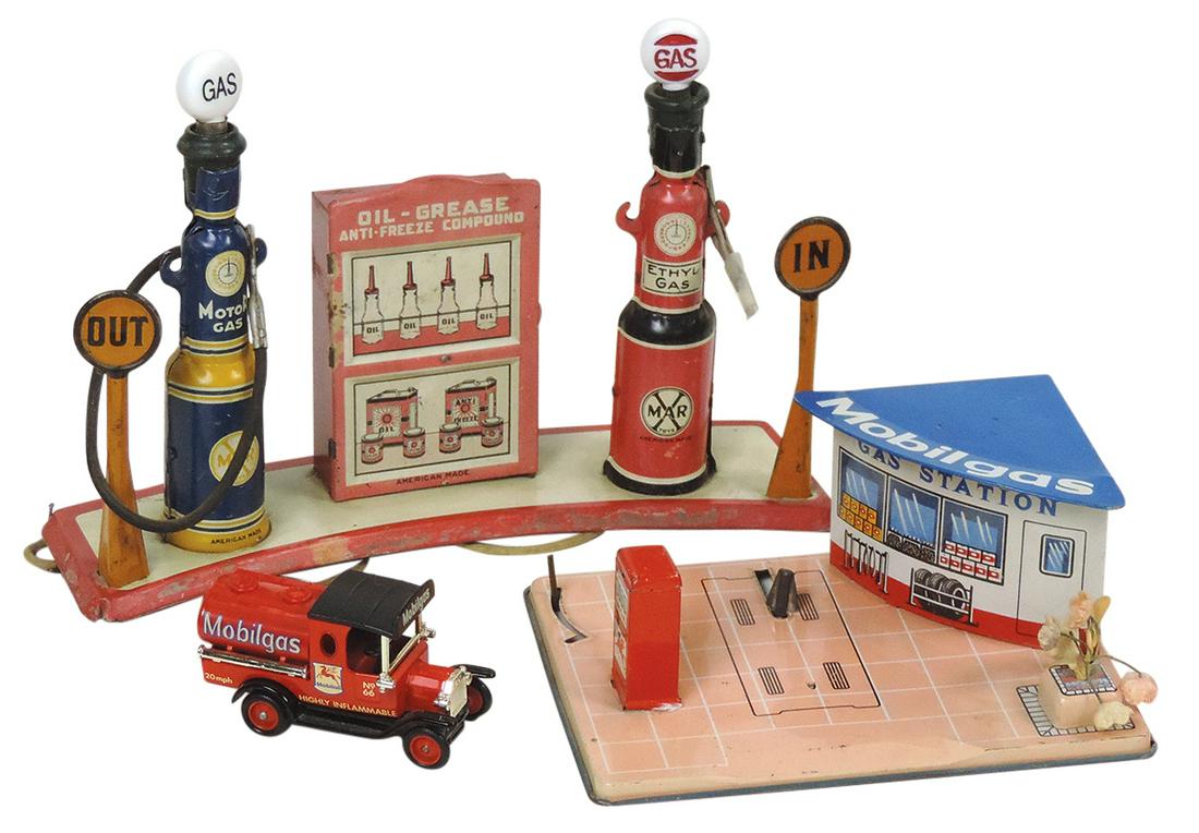 Toy Service Stations & Truck (3), oil & pump w/lighted globes (untested) by Marx, litho on tin & (1 of 1)