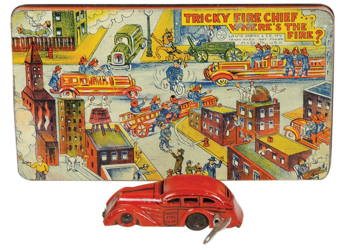 Toy Tricky Fire Chief Car & Platform, mfgd by Marx, litho on tin windup, VG+ working cond, larger (1 of 3)