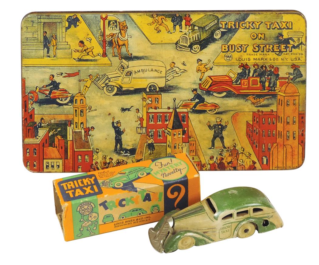 Toy Tricky Taxi Car & Platform, Marx litho on tin windup, VG+ working cond, larger 10"L. (1 of 3)
