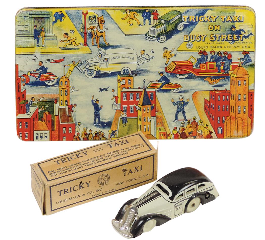 Toy Tricky Taxi, Marx litho on tin car & platform, 1st Exc+ cond in orig box (no key), 2nd Exc cond, (1 of 3)