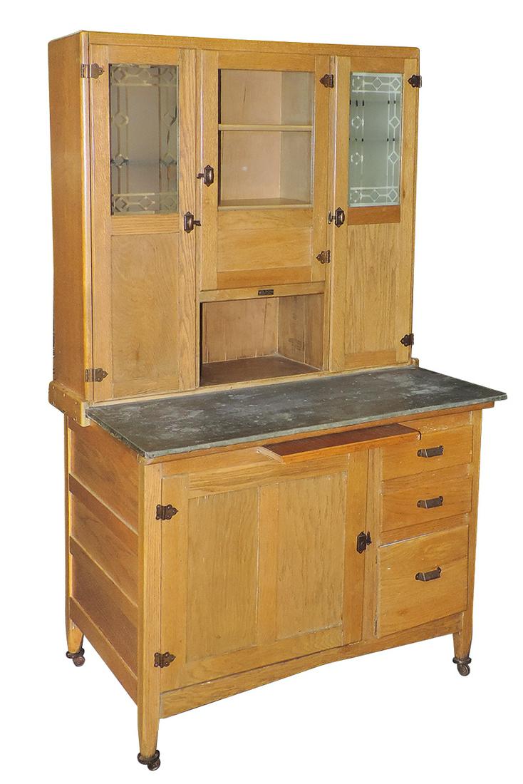 Furniture, kitchen cabinet, mfgd by Wilson, oak w/zinc top, etched glass panel doors & tin flour (1 of 1)