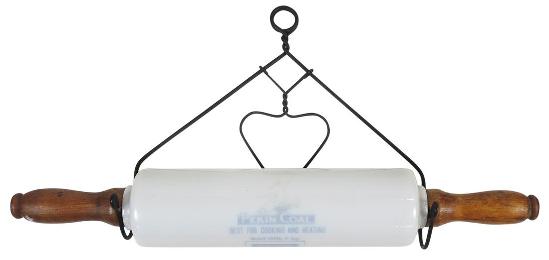 Kitchenware Advertising Rolling Pin, milk glass w/blue tone etched graphics for Pekin Coal, Nebraska (1 of 1)