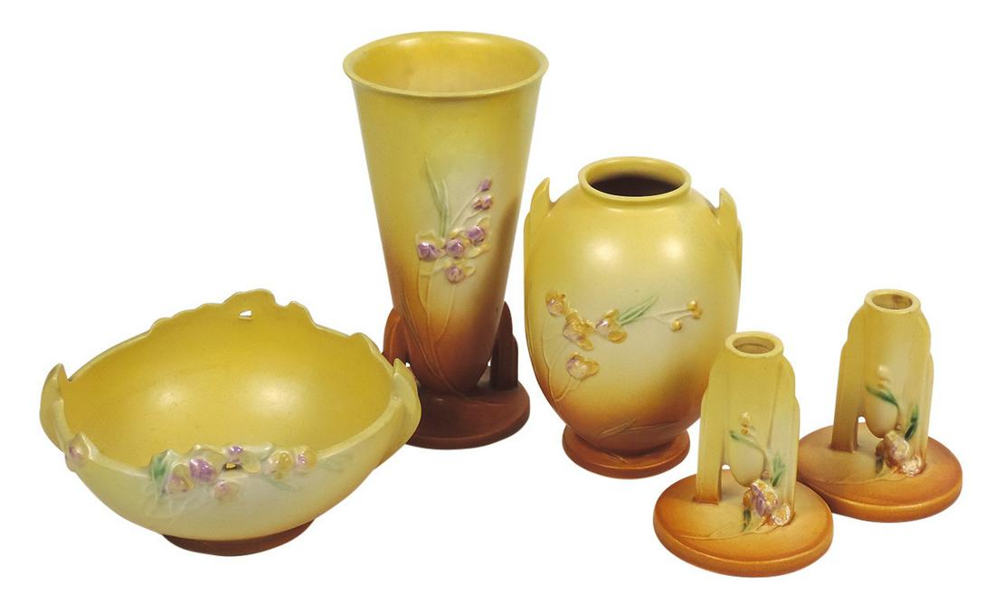 Art Pottery (5), Roseville: 2 vases, bowl & pr candle holders in Ixia pattern, chip to handle of (1 of 1)