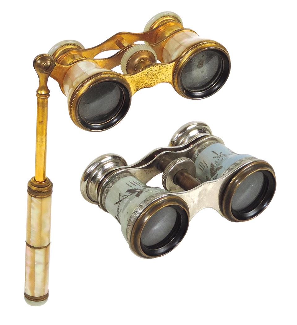Opera Glasses (2), French, 1 Colmont Paris w/gilt bronze, telescoping handle & MOP, other Lamay (1 of 2)