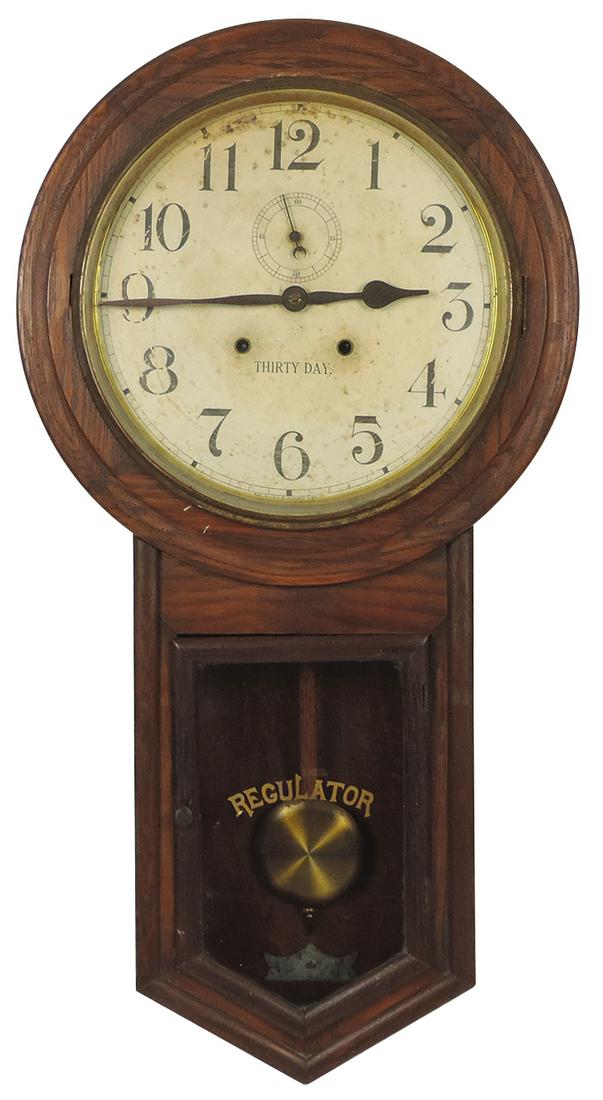 Clock, Waterbury 30-day regulator in oak case, VG working cond, untouched original throughout, 31"H (1 of 1)