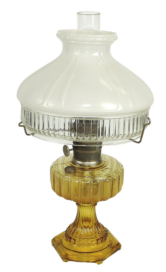 Lighting, Aladdin Cathedral pattern oil lamp #109 in amber glass w/white enameled shade, Exc cond, (1 of 1)