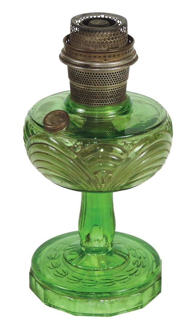 Lighting, Aladdin Washington Drape pattern oil lamp in green glass, Exc cond, 12"H. (1 of 1)