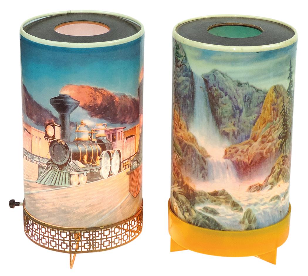 Lighting (2), novelty motion TV lamps: Camping in The Tetons & locos, mfgd by Goodman Co 1955 & (1 of 2)