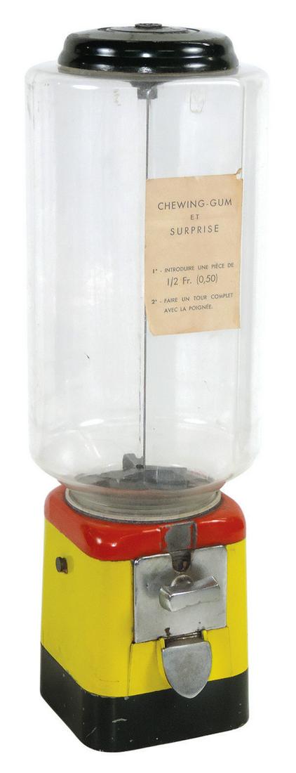 Coin-Operated Gumball Machine, cast metal w/polypropylene hopper for the French market taking: Coin-Operated Gumball Machine, cast metal w/polypropylene hopper for the French market taking ½ franc, c.1960s, Good+ cond & likely working, w/o key, 24.5"H.