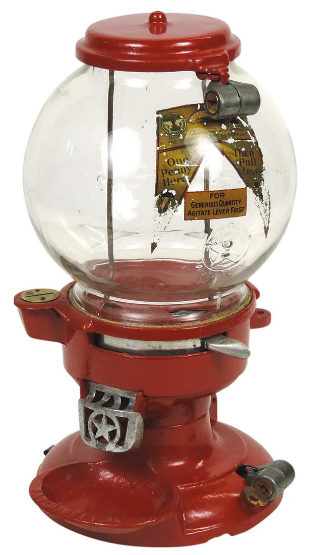 Coin-Operated 1 Cent Pistachio Vendor, Columbus Model A, very unusual, cast iron w/orig globe & (1 of 2)