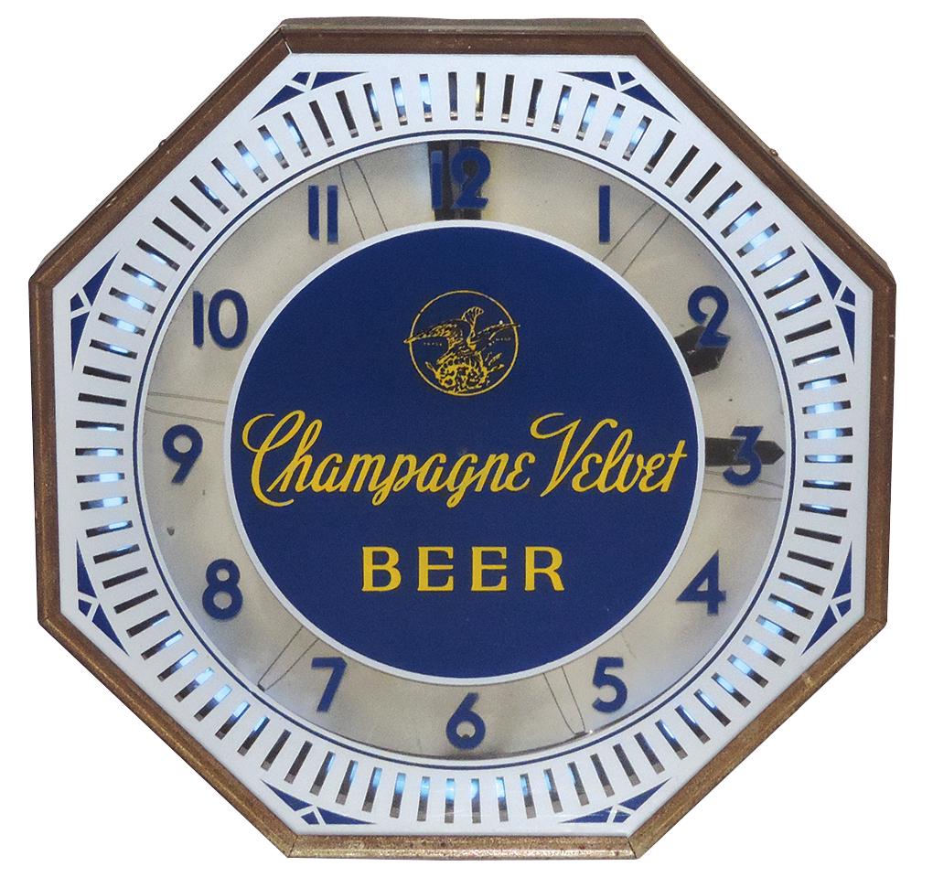 Breweriana Clock, Champagne Velvet Beer animated neon, octagonal metal case w/spinning bezel & (1 of 2)