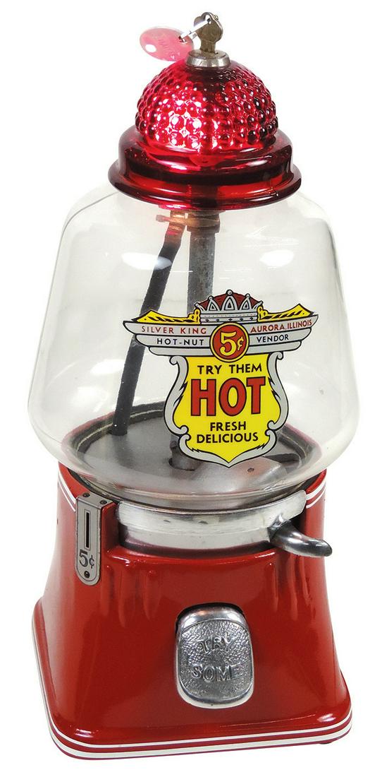 Coin-Operated 5 Cent Hot Nut Vendor, mfgd by Silver King, painted metal & glass with lighted top, (1 of 1)