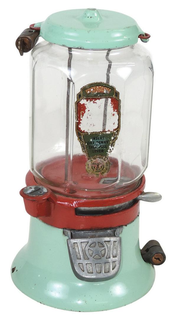 Coin-Operated Peanut Vendor, Columbus Mod. MG 1 Cent, c.1928, mint green porcelain cast iron base & (1 of 1)