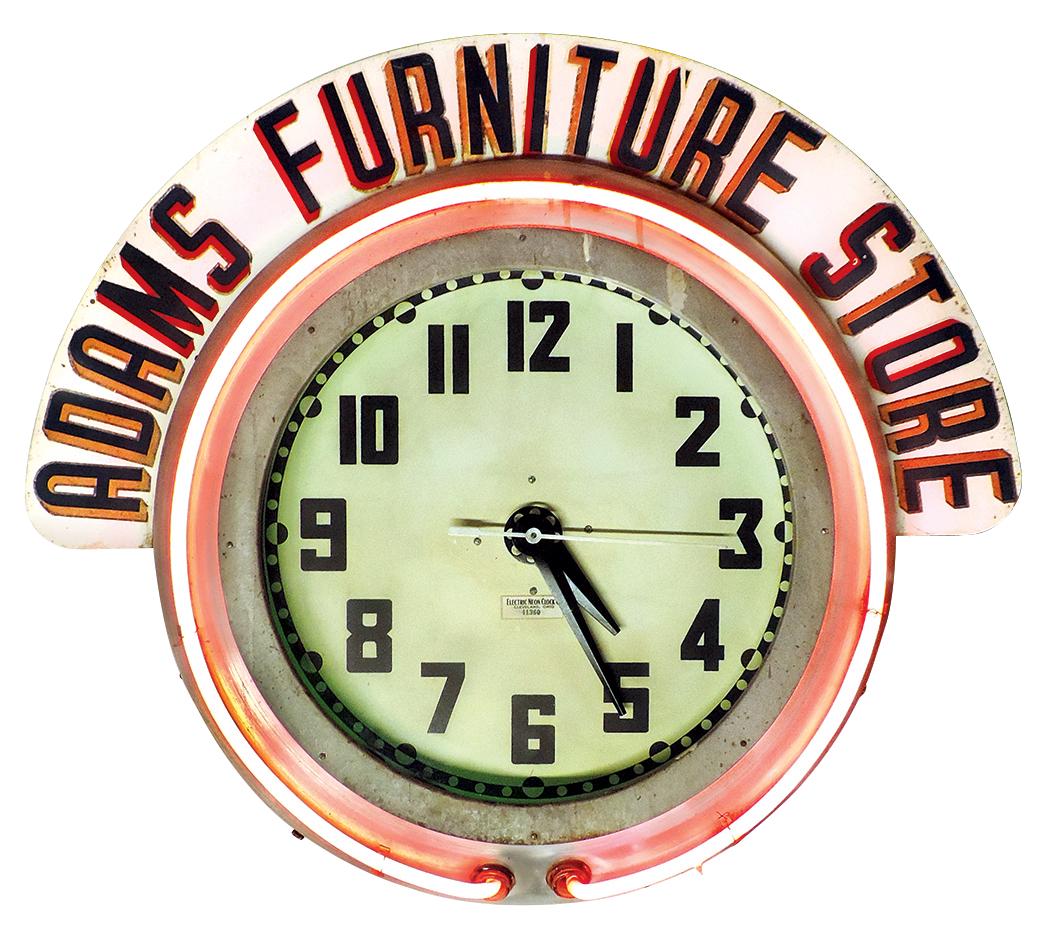 Furniture Neon Clock, Adam's Furniture,, mfgd by Electric Neon Clock Co., embossed galvanized steel (1 of 7)