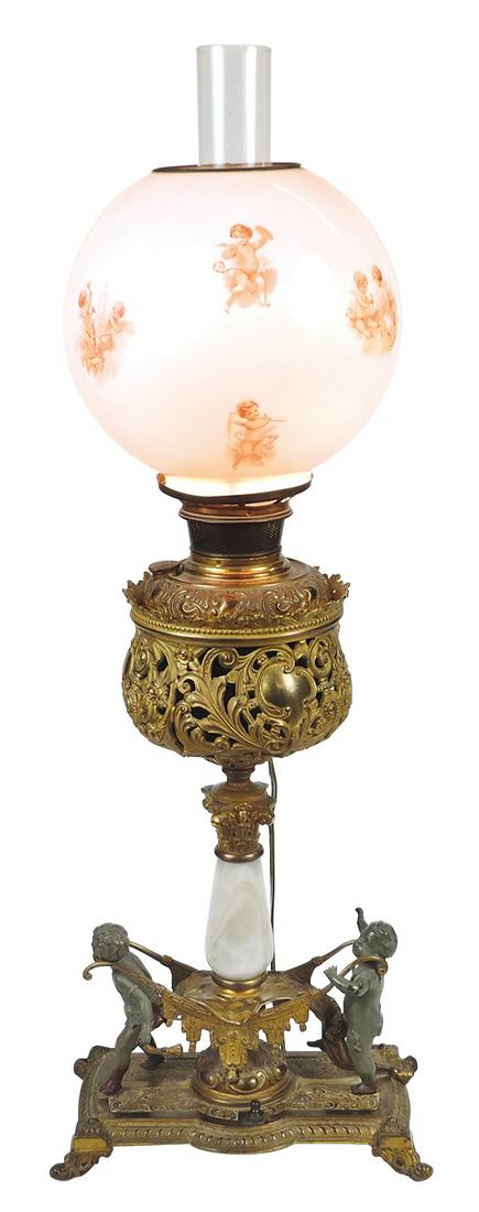 Lighting, Victorian figural parlor lamp, mfgd by Bradley & Hubbard, cast gilt, cast metal & onyx, (1 of 2)