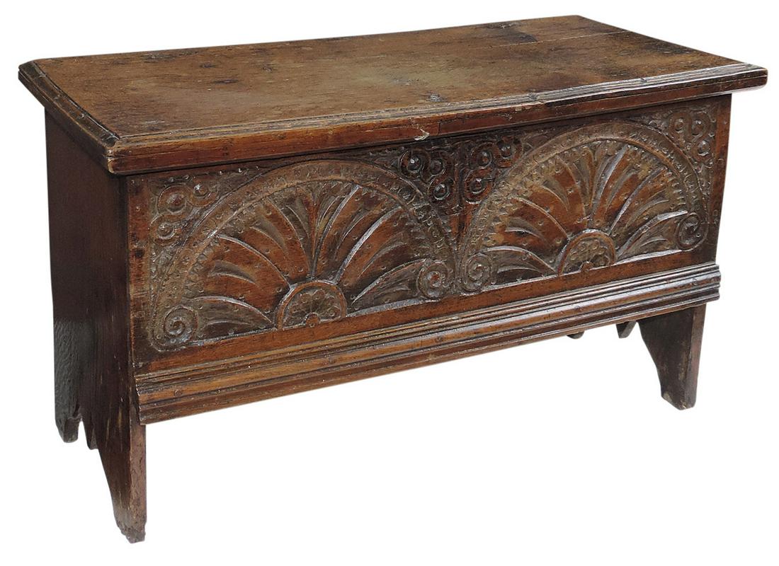 Furniture, Charles II Carved Oak Bible Chest, English & likely Welsh, 1st half 17th century, bead- (1 of 3)