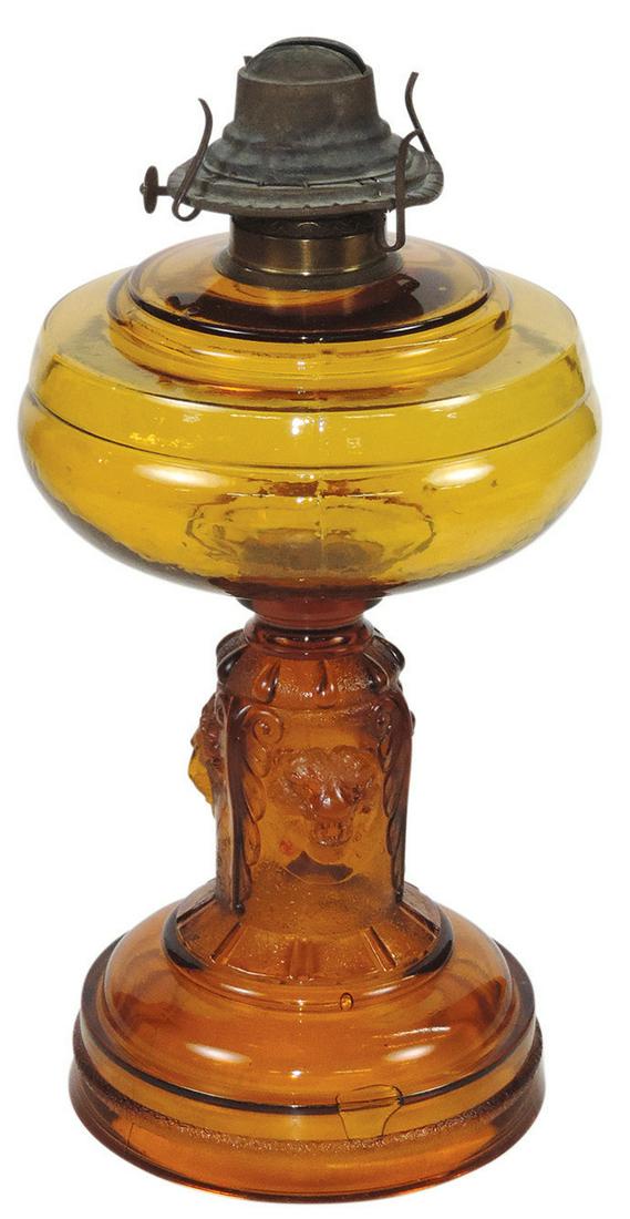 Lighting, Buffalo, Lion & Tiger Lamp Stand, pressed amber glass w/3 different animal bust heads on (1 of 3)